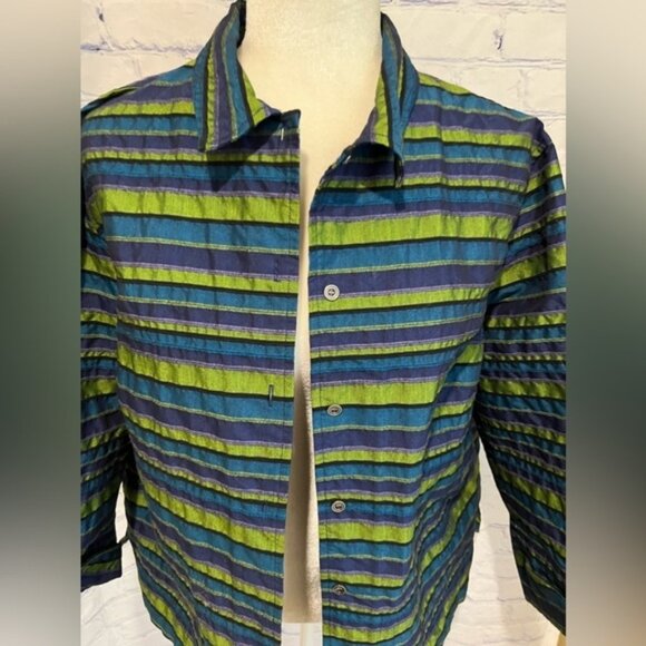 C.L.O.T.H.E.S. Womens Button Front Green Blue Stripe 3/4 Sleeve Collared 1X - Picture 3 of 6